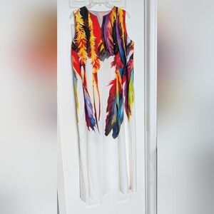 Women's (Large) Bohemian Colorful Sleeveless Feather-Print Maxi Dress